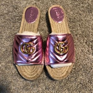 Gucci Rosa Pink Pilar Gg Quilted Metallic Leather Espadrille Slide Sandal Flats